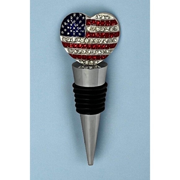 Patriotic Rhinestone-Encrusted American Flag Heart Wine Stopper - Ideal for Inde - Picture 2 of 6